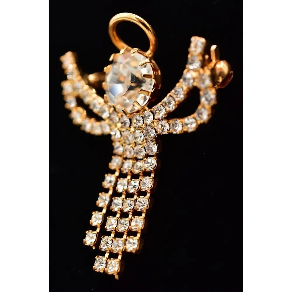 Vintage Crystal Angel Pin Brooch Prong Rhinestone Halo Gold Tone Fringe BinAL